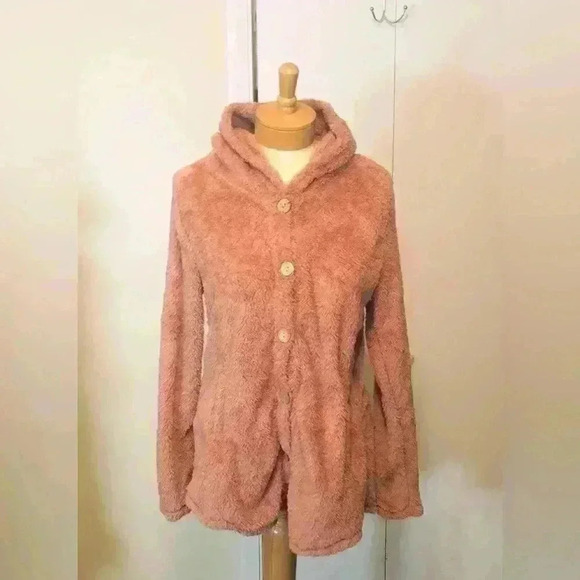 Hooded Teddy Fuzzy Dusty Pink Button Up Hooded Jacket Size Large with pockets - Picture 2 of 11
